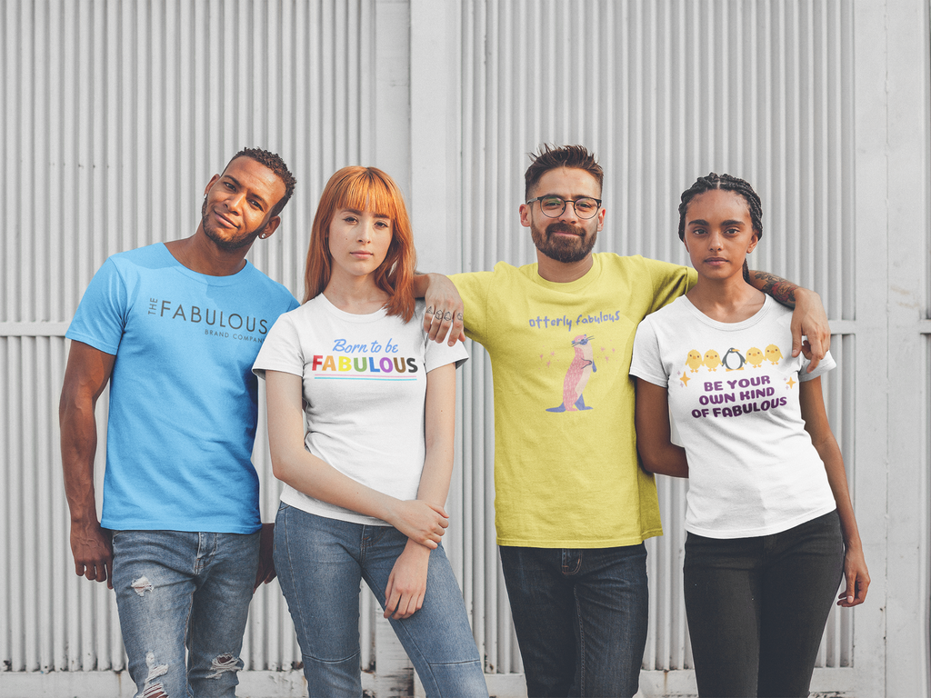 Diverse group of people - black guy in a blue The Fabulous Brand Co shirt a red haired woman in a white Born to be Fabulous white tshirt mixed latino man in yellow otterly fabulous tshirt young mixed woman in a  white Born to be Fabulous shirt 